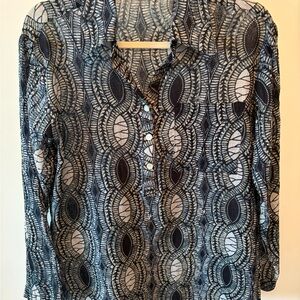 Mosunto Boho Print 100% Cotton Blouse Medium Indigo White